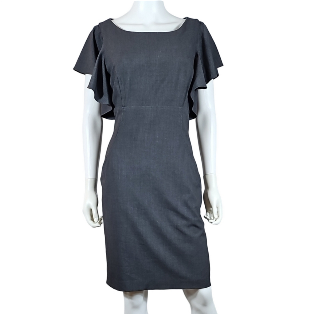Calvin Klein Charcoal Grey Flutter Ruffle Sleeve Knee Length Sheath Dress - Picture 3 of 16
